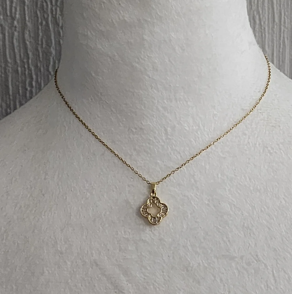 Goldtone Stainless Steel Clover Pendant Rhinestone Necklace - Picture 3 of 8